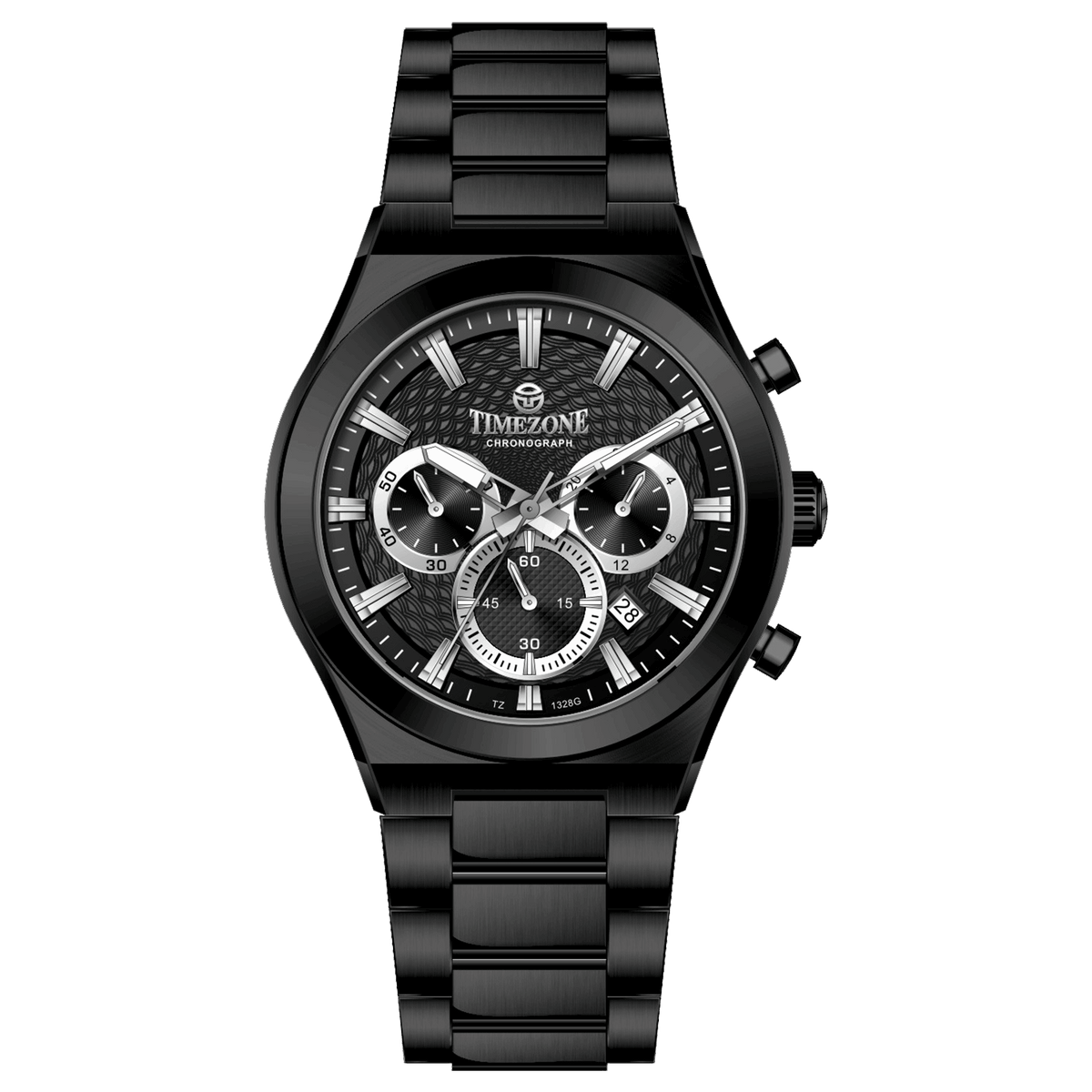 Branded wrist watch for men in pakistan. A black analog watch with a stainless steel band and a chronograph dial.