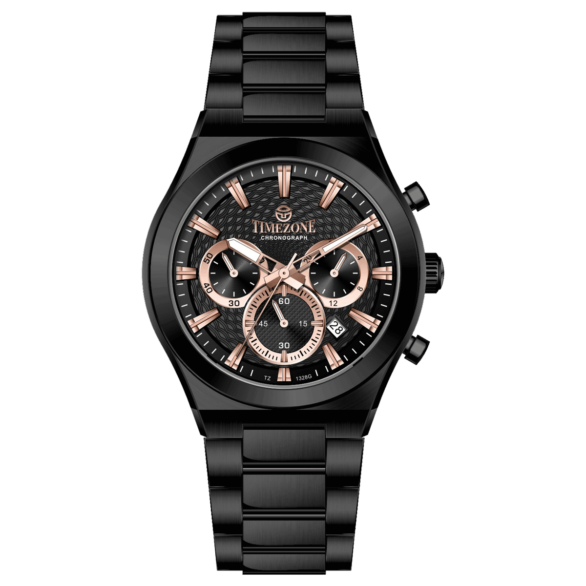 Branded wrist watch for men in pakistan. A black analog watch with a stainless steel band and a chronograph dial.