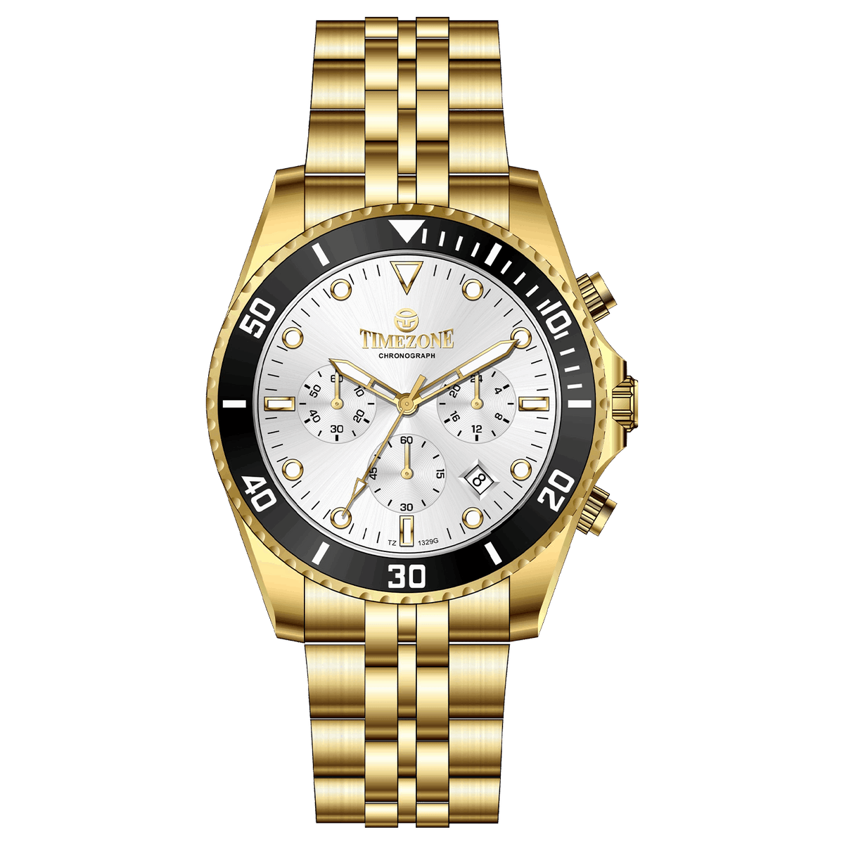 A gold-toned stainless steel Timezone watch with a chronograph function, a stainless steel band. A branded Timezone Watches stainless steel watch with a silver dial, rose gold hands and a date display. Discover timezone watches: elegant branded wrist watch for men in pakistan.