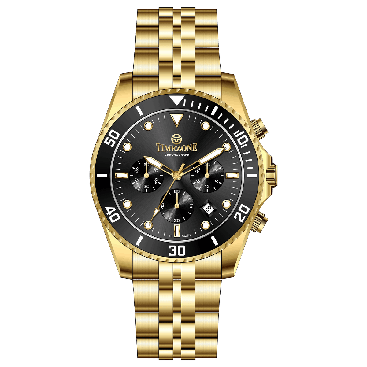A gold-toned stainless steel Timezone watch with a chronograph function, a stainless steel band. A branded Timezone Watches stainless steel watch with a silver dial, rose gold hands and a date display. Discover timezone watches: elegant branded wrist watch for men in pakistan.