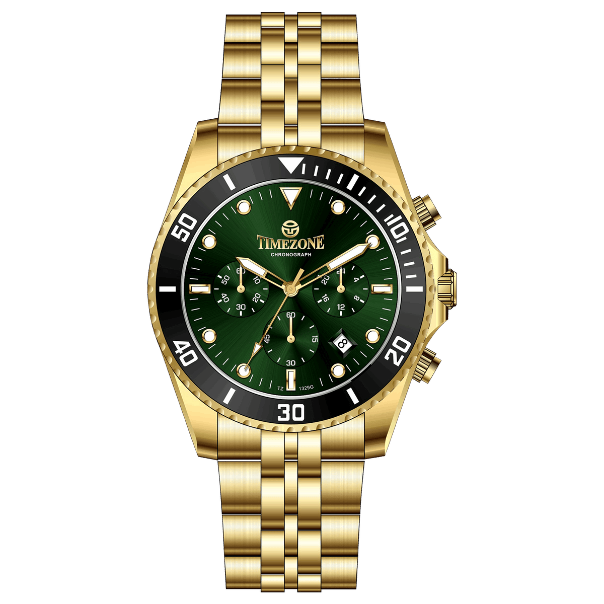 A branded Timezone Watches stainless steel watch with a green dial, gold hands and a date display. Discover timezone watches: elegant branded wrist watch for men in pakistan.