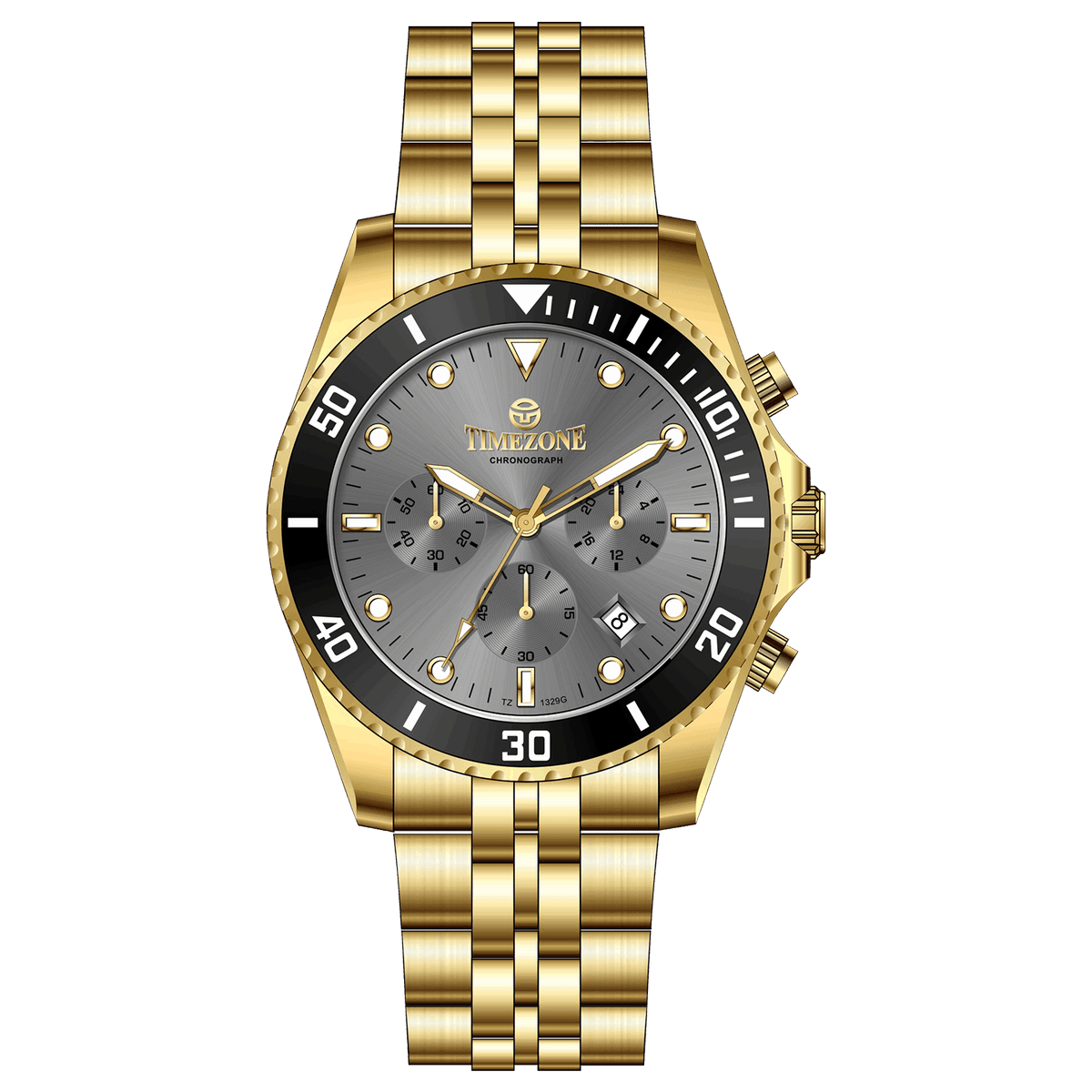 A gold-toned stainless steel Timezone watch with a chronograph function, a stainless steel band. A branded Timezone Watches stainless steel watch with a silver dial, gold hands and a date display. Discover timezone watches: elegant branded wrist watch for men in pakistan.
