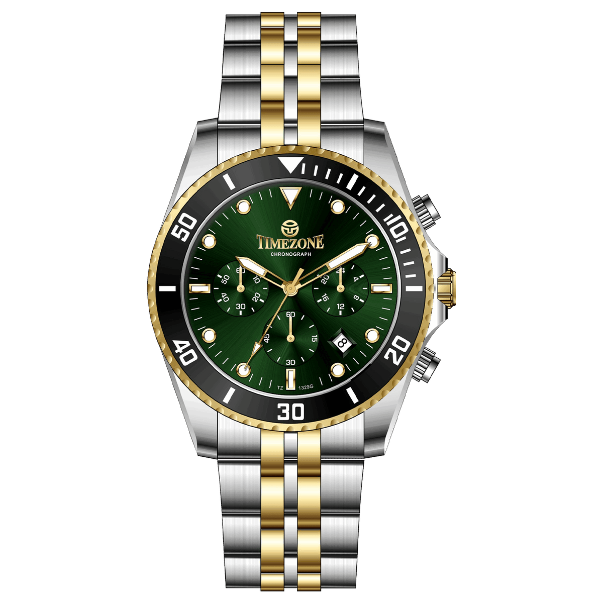 A TIMEZONE branded watch with a stainless steel band and a green dial featuring black accents and gold accents. The watch has a chronograph function and a date display. A branded Timezone Watches stainless steel watch with a silver dial, rose gold hands and a date display. Discover timezone watches: elegant branded wrist watch for men in pakistan.