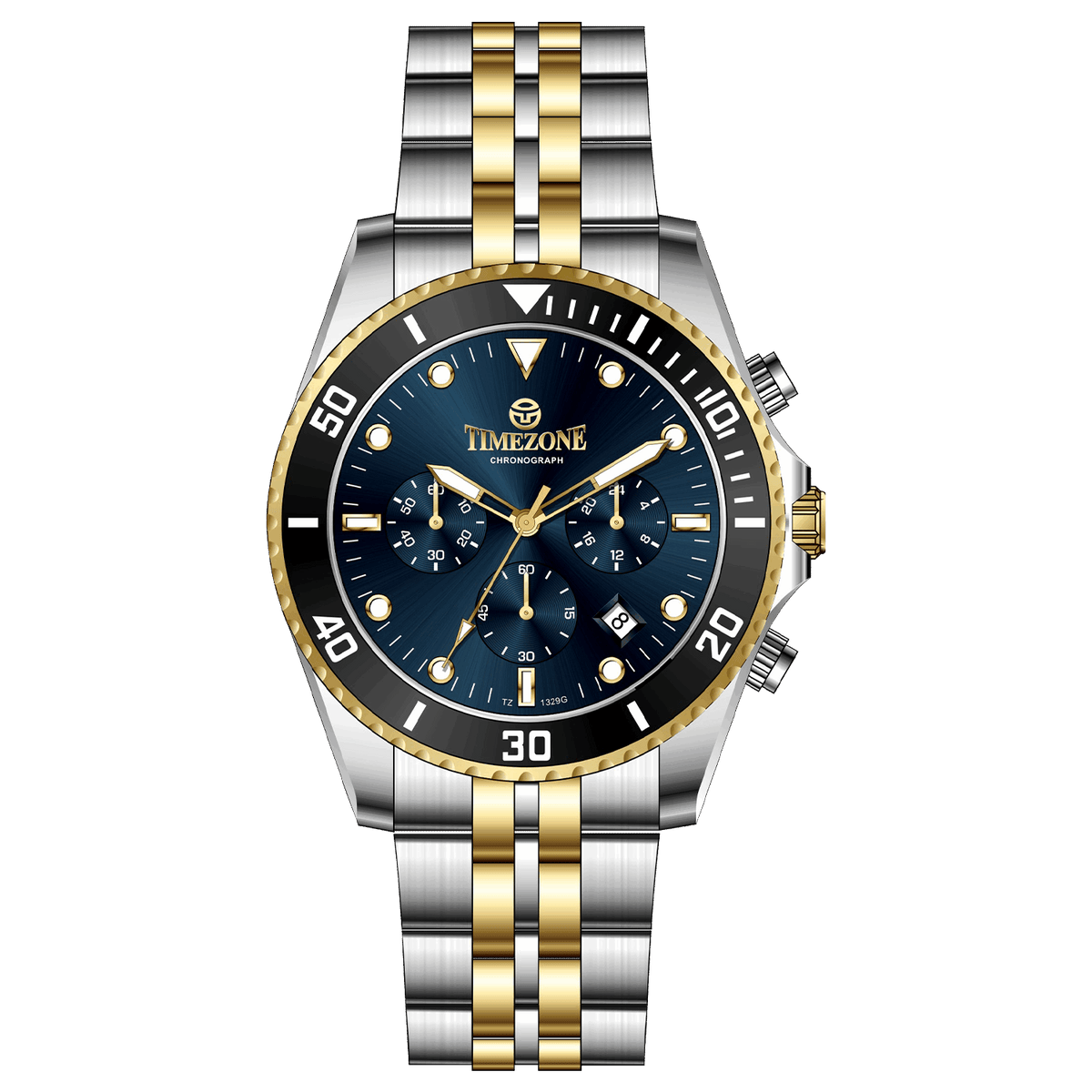 A TIMEZONE branded watch with a stainless steel band and a blue dial featuring black accents and gold accents. The watch has a chronograph function and a date display. A branded Timezone Watches stainless steel watch with a silver dial, rose gold hands and a date display. Discover timezone watches: elegant branded wrist watch for men in pakistan.