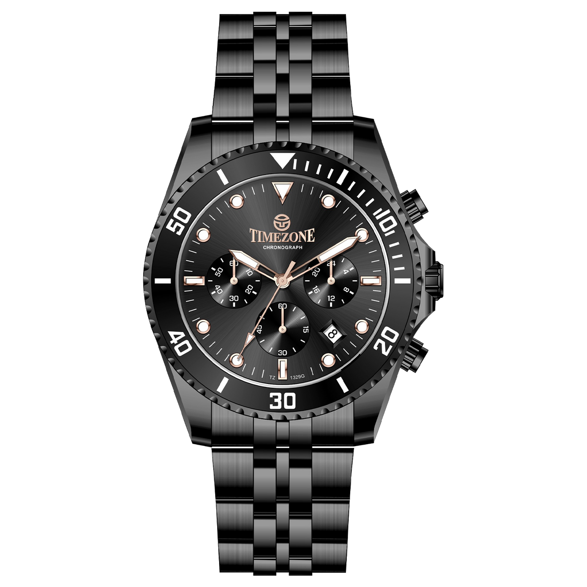 A black stainless steel Timezone watch with a chronograph function, and black a stainless steel band. A branded Timezone Watches stainless steel watch with a silver dial, rose gold hands and a date display. Discover timezone watches: elegant branded wrist watch for men in pakistan.