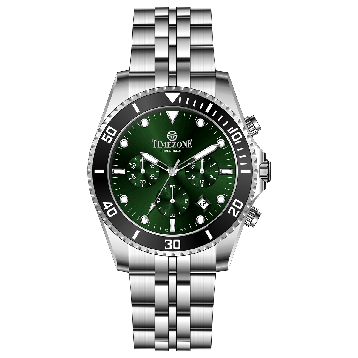 A silver stainless steel chronograph watch with a silver band and a silver case. The watch has a analog-digital display and multiple sub-dials. A branded Timezone Watches stainless steel watch with a silver dial, rose gold hands and a date display. Discover timezone watches: elegant branded wrist watch for men in pakistan.
