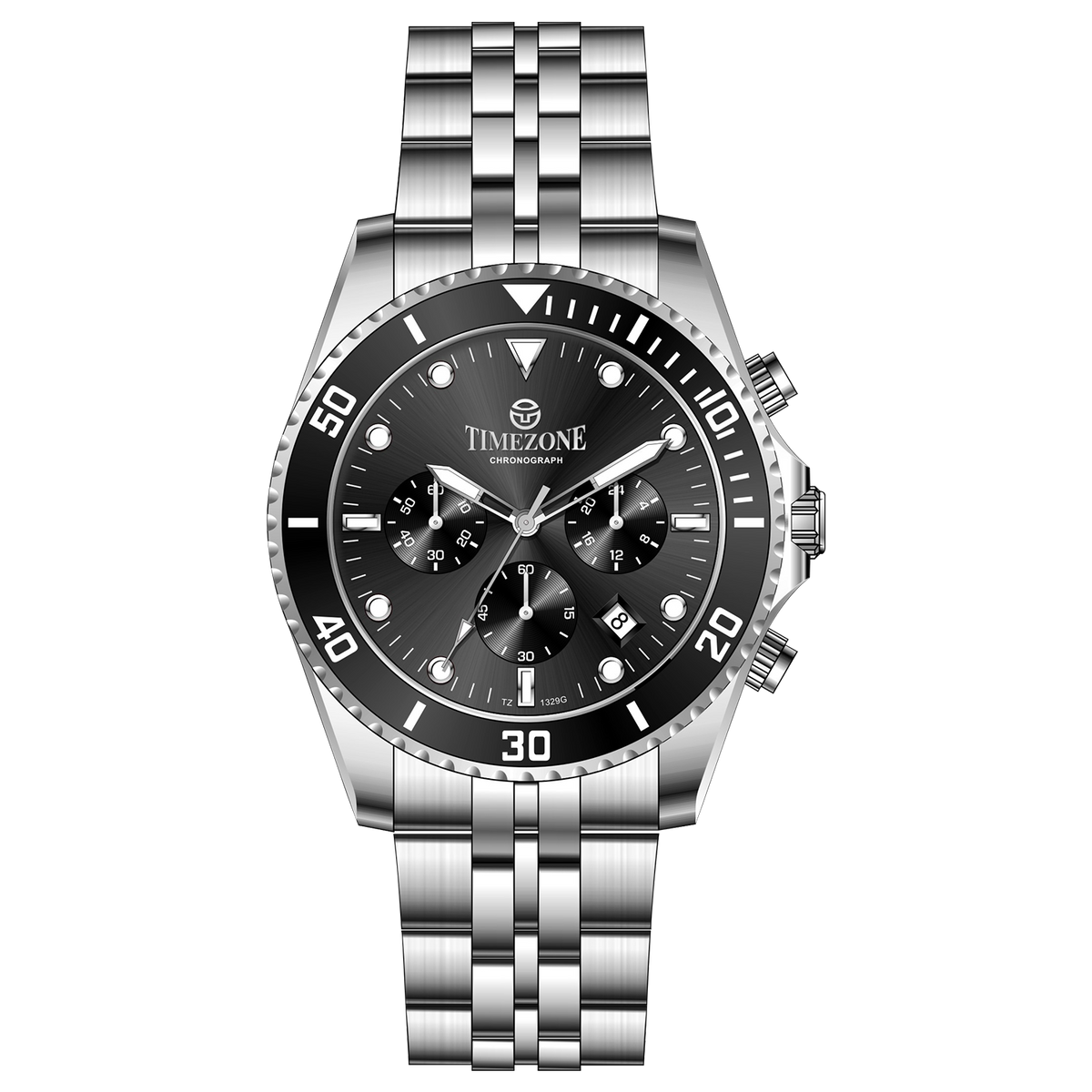 A silver stainless steel chronograph watch with a silver band and a black case. The watch has a analog-digital display and multiple sub-dials. A branded Timezone Watches stainless steel watch with a silver dial, rose gold hands and a date display. Discover timezone watches: elegant branded wrist watch for men in pakistan.