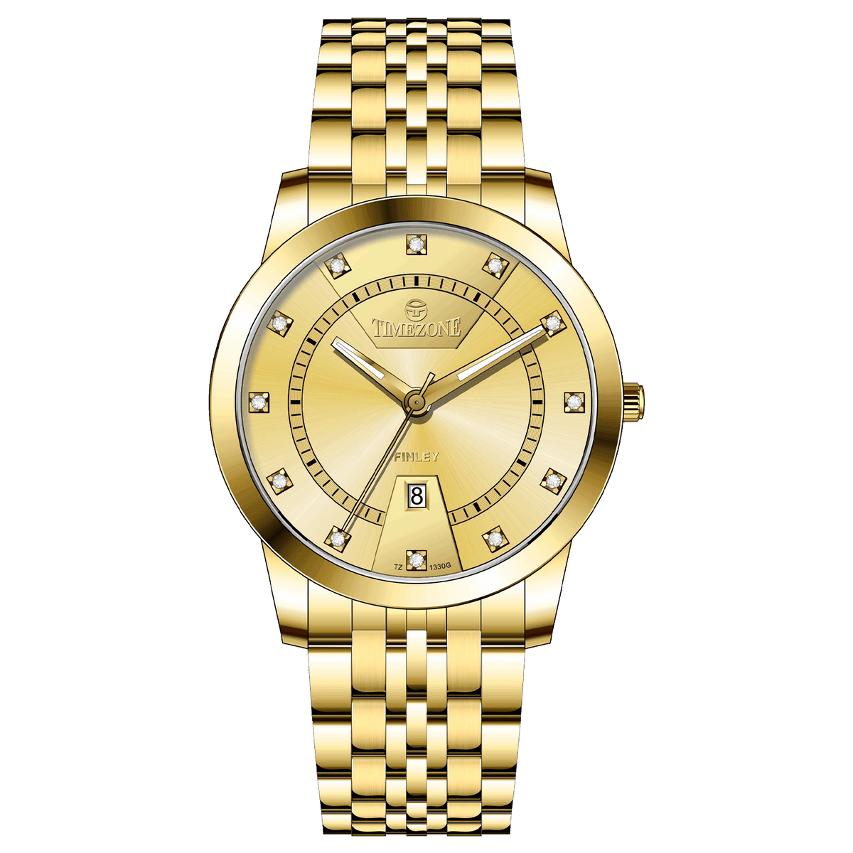 Branded wrist watch for men in pakistan. A gold-colored stainless steel Evertime Pulse watch with a white dial and diamond-like embellishments, displayed against a plain background.