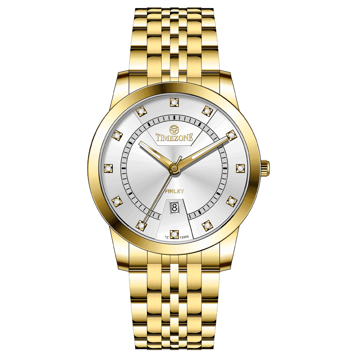 Branded wrist watch for men in pakistan. A gold-colored stainless steel Evertime Pulse watch with a white dial and diamond-like embellishments, displayed against a plain background.