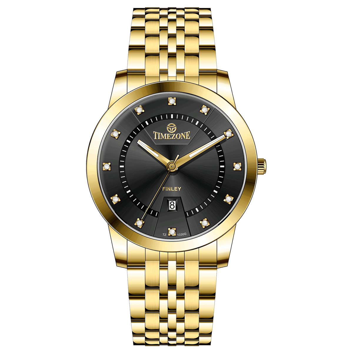 Branded wrist watch for men in pakistan. A gold-colored stainless steel Evertime Pulse watch with a black dial and diamond-like embellishments, displayed against a plain background.