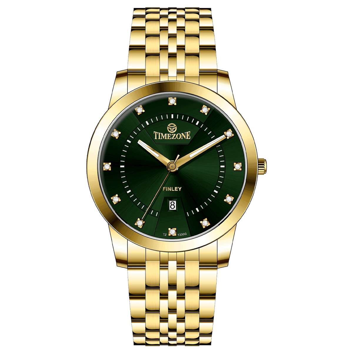 Branded wrist watch for men in pakistan. A gold-colored stainless steel Evertime Pulse watch with a green dial and diamond-like embellishments, displayed against a plain background.