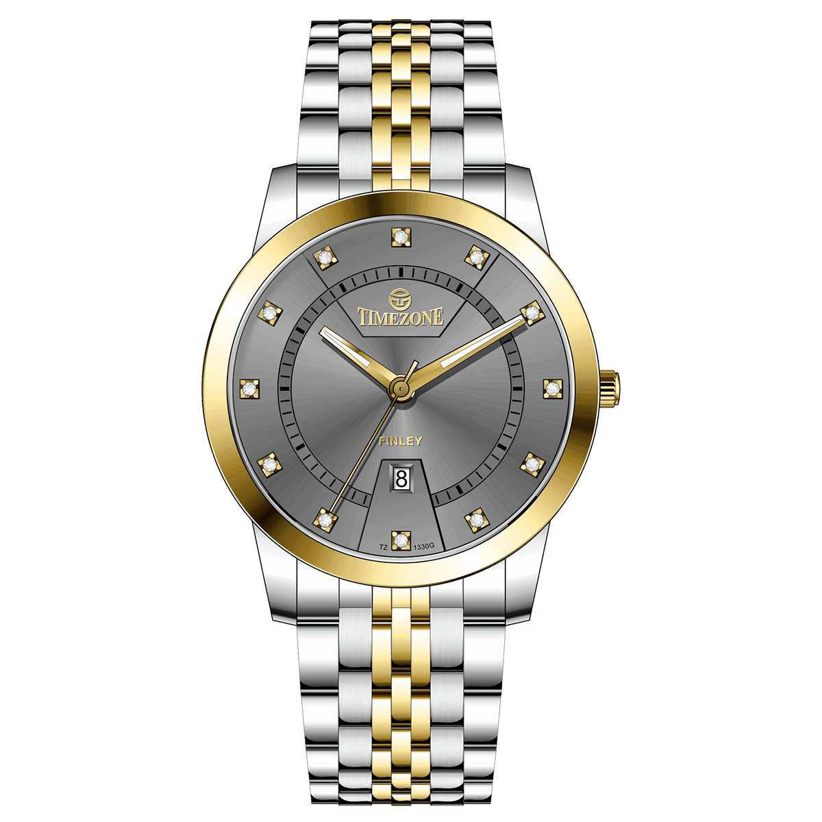 Branded wrist watch for men in pakistan. A two-tone stainless steel Evertime Aura watch with a silver dial, gold casing, and a date display, accompanied by a link strap.