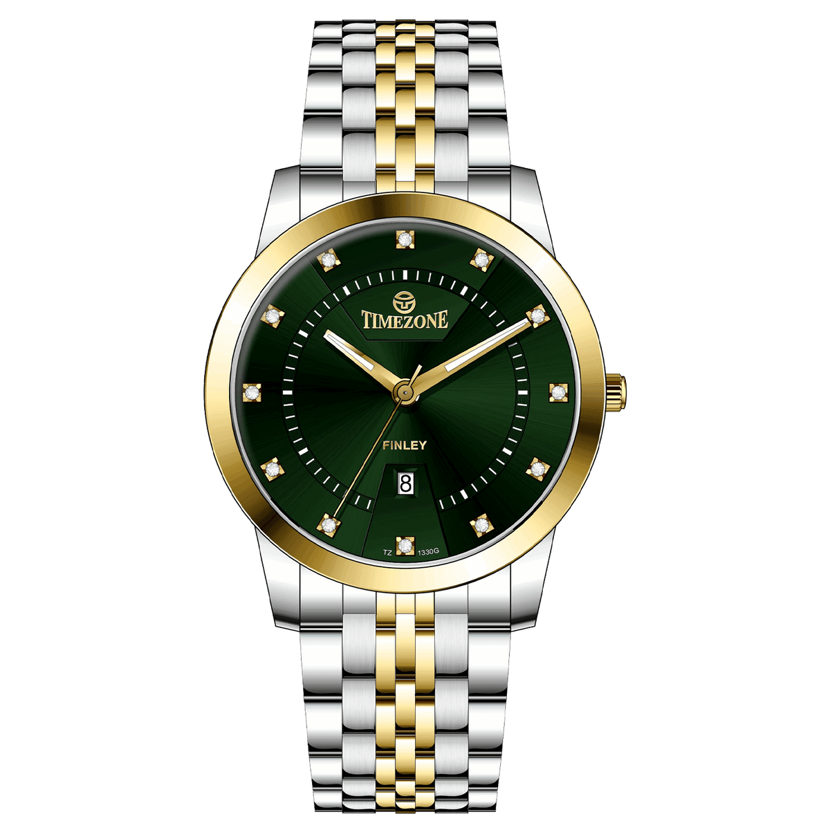 Branded wrist watch for men in pakistan. A two-tone stainless steel Evertime Aura watch with a silver dial, gold casing, and a date display, accompanied by a link strap.