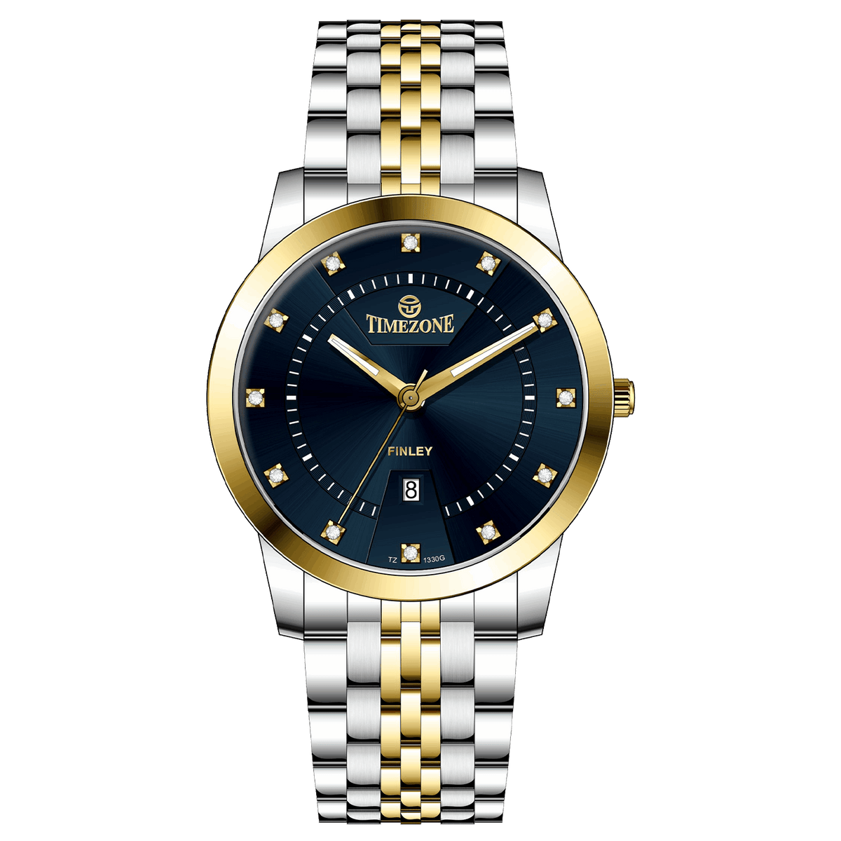 Branded wrist watch for men in pakistan. A two-tone stainless steel Evertime Aura watch with a silver dial, gold casing, and a date display, accompanied by a link strap.