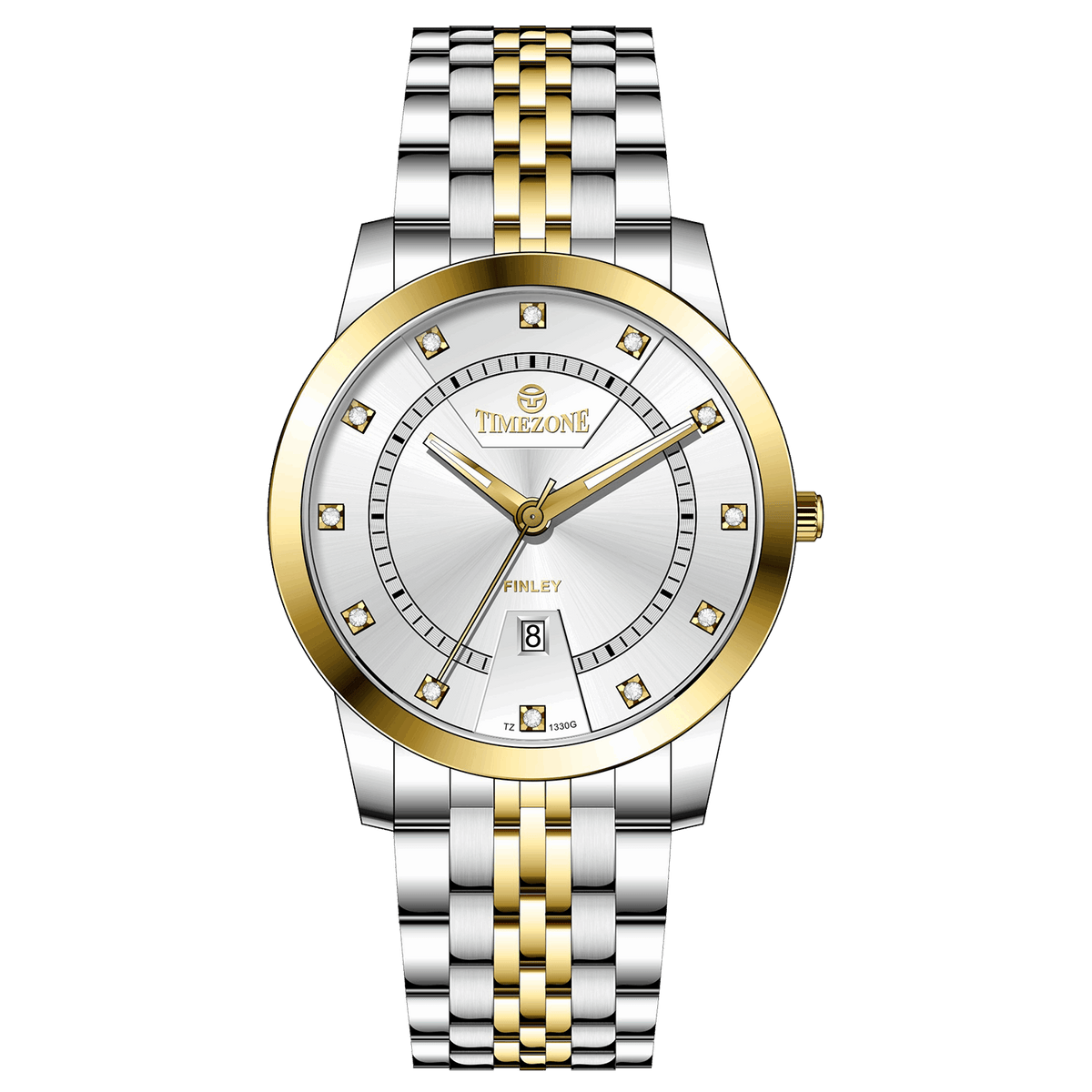 Branded wrist watch for men in pakistan. A two-tone stainless steel Evertime Aura watch with a silver dial, gold casing, and a date display, accompanied by a link strap.