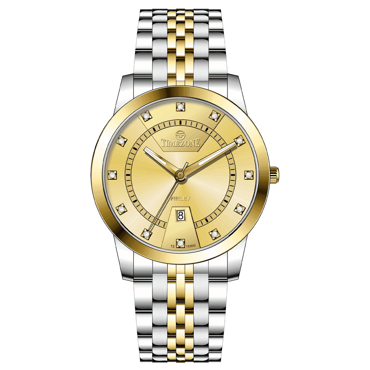 Branded wrist watch for men in pakistan. A two-tone stainless steel Evertime Aura watch with a silver dial, gold casing, and a date display, accompanied by a link strap.