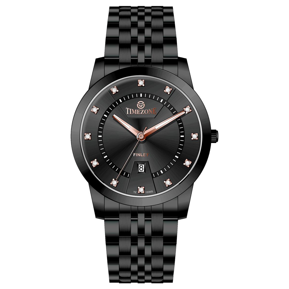 Branded wrist watch for men in pakistan. A black analog watch with a stainless steel band and a dial adorned with markers and a date display, branded 'TIMEZONE'.