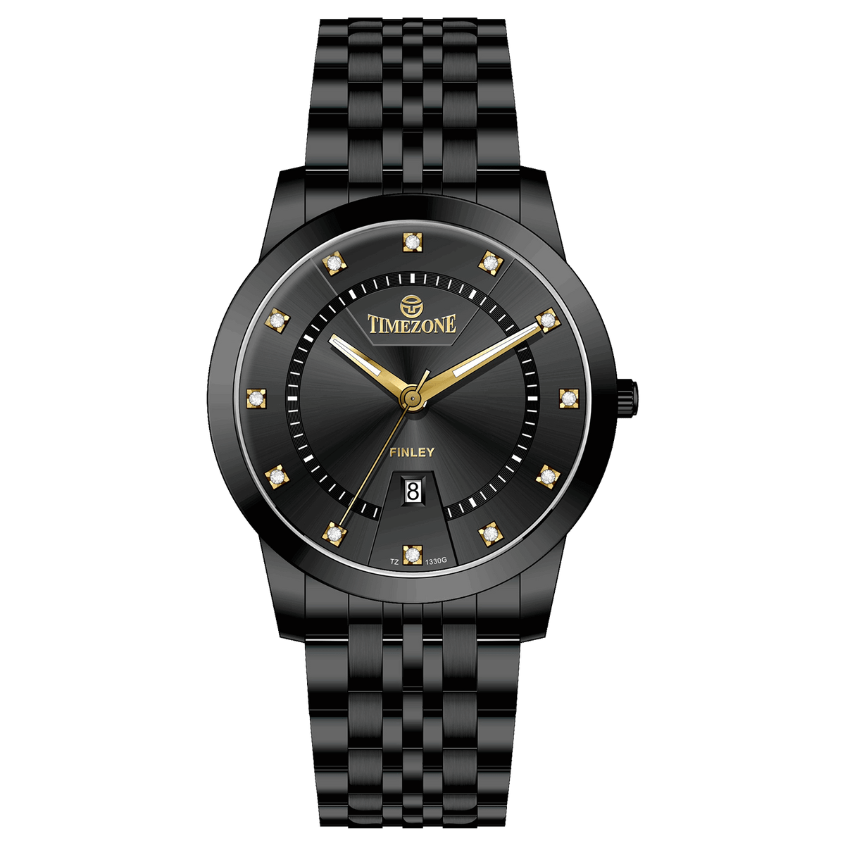 Branded wrist watch for men in pakistan.  A black analog watch with a stainless steel band and a dial adorned with markers and a date display, branded 'TIMEZONE'.