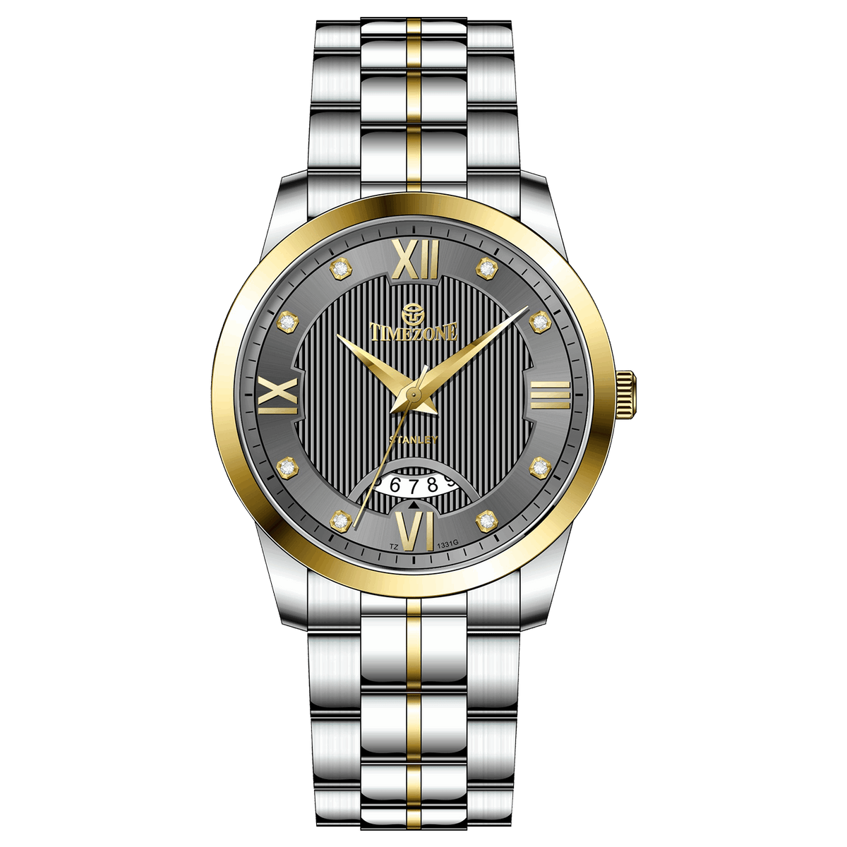 A stainless steel TimeZones watch with a silver dial, gold hands, and a stainless steel band. Discover timezone watches: elegant branded wrist watches for men in pakistan.