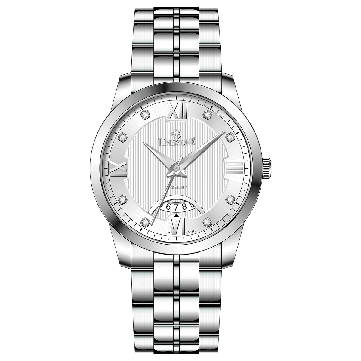 A silver stainless steel timezone watch with a round dial, stainless steel band, and a date display. Discover timezone watches: elegant branded wrist watches for men in pakistan.