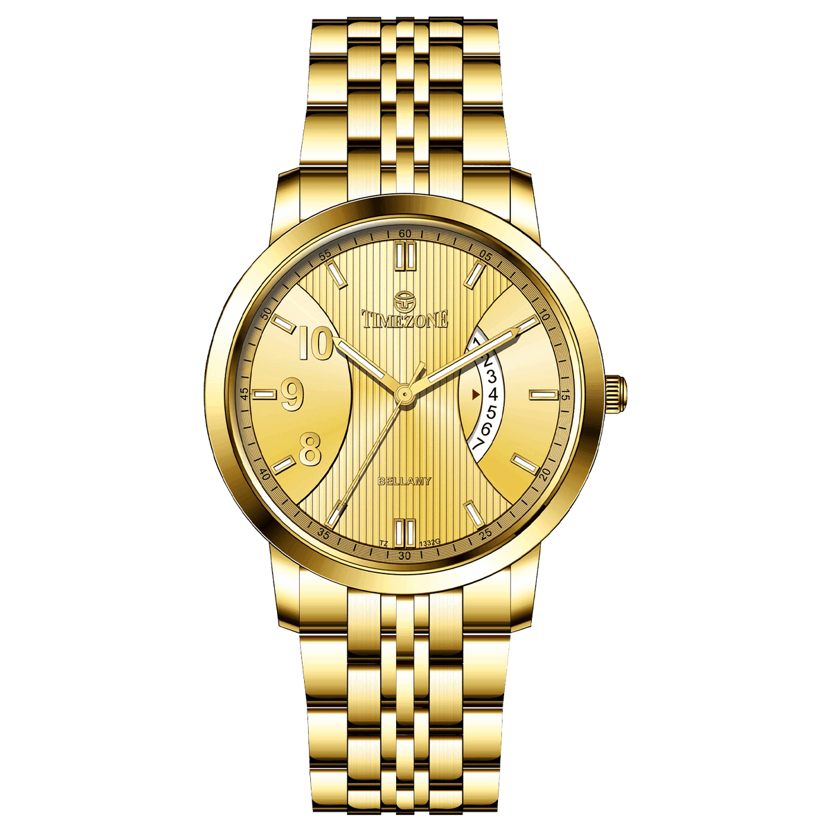 A Timezone branded watch with a stainless steel band and a gold-tone case featuring a white dial with black hands and markers. Discover timezone watches: elegant branded wrist watches for men in pakistan.