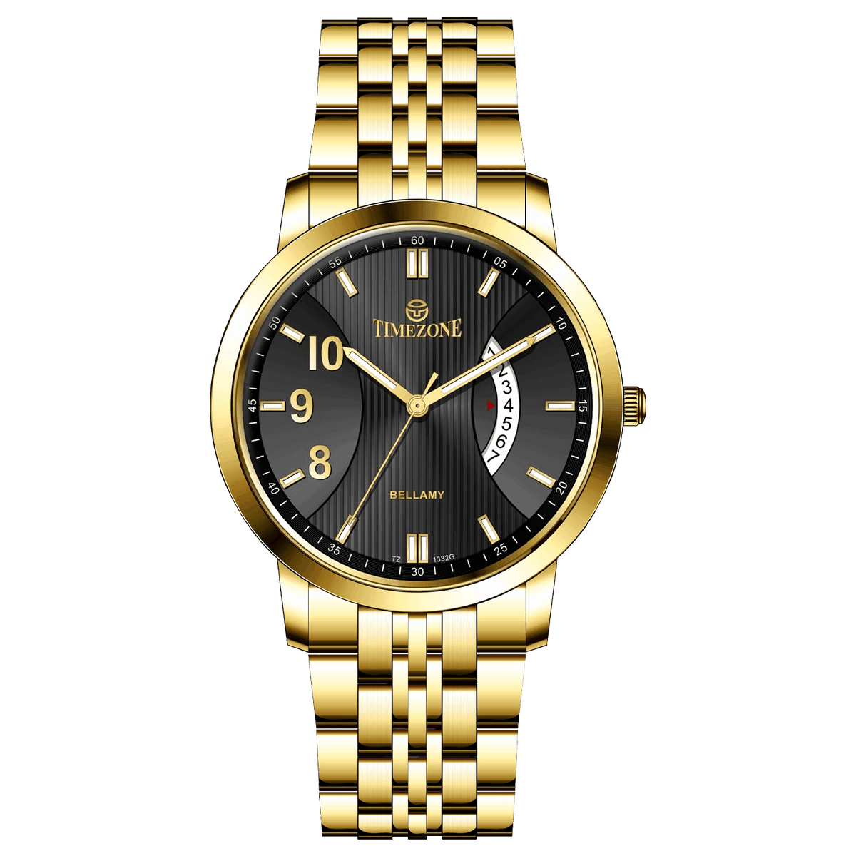 A branded watch with a stainless steel band and a gold-tone case featuring a dial with black hands and markers. Discover timezone watches: elegant branded wrist watches for men in pakistan.