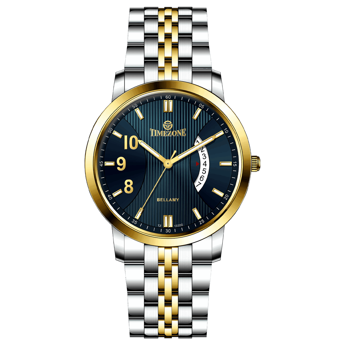 A Timezone watch with a stainless steel band and a silver dial featuring gold accents and markers. Discover timezone watches: elegant branded wrist watches for men in pakistan.