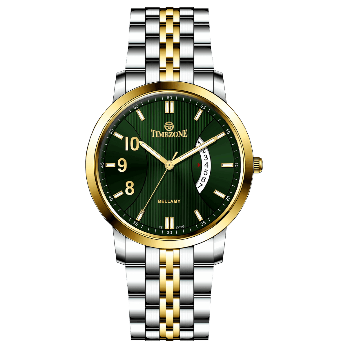 A Timezone watch with a stainless steel band and a silver dial featuring gold accents and markers. Discover timezone watches: elegant branded wrist watches for men in pakistan.