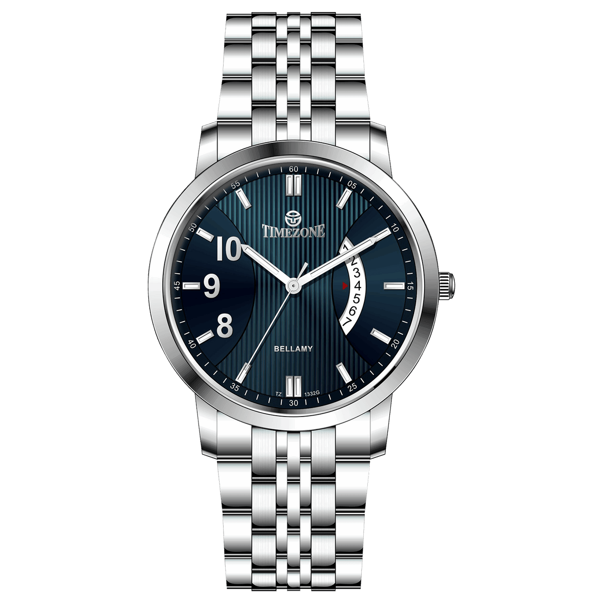 A silver TIMEZONE watch with a stainless steel band and dial surrounded by a silver case and a silver chain. Discover timezone watches: elegant branded wrist watches for men in pakistan.