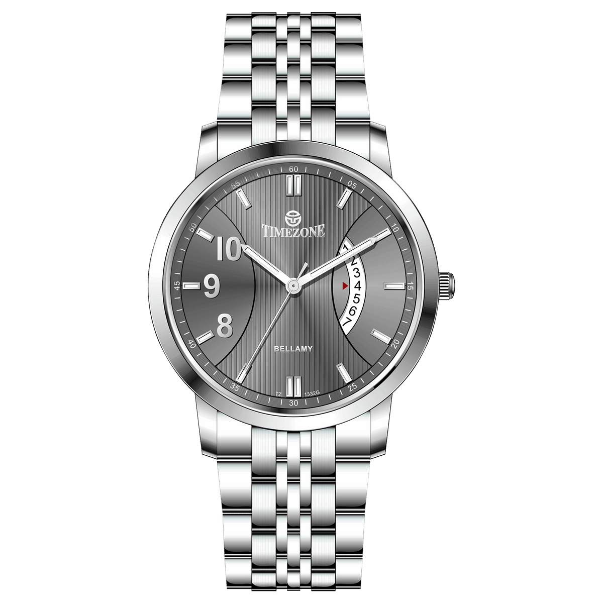 A silver TIMEZONE watch with a stainless steel band and pearl dial surrounded by a silver case and a silver chain. Discover timezone watches: elegant branded wrist watches for men in pakistan.