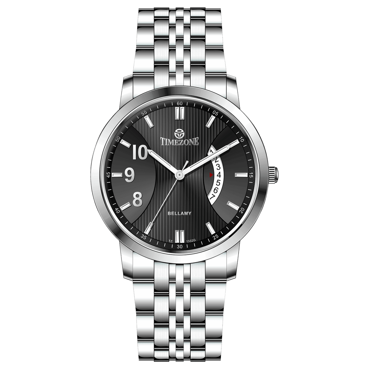 A silver TIMEZONE watch with a stainless steel band and dial surrounded by a silver case and a silver bracelet. Discover timezone watches: elegant branded wrist watches for men in pakistan.