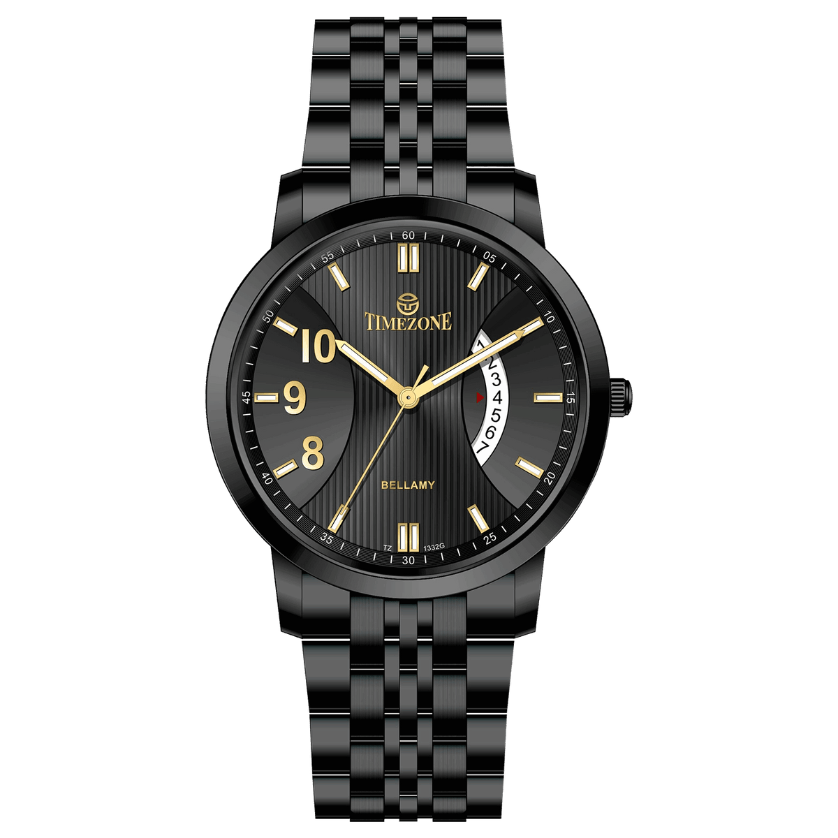 A TIMEZONE watch with a stainless steel band and a black dial featuring white hour markers and a date. Discover timezone watches: elegant branded wrist watches for men in pakistan.