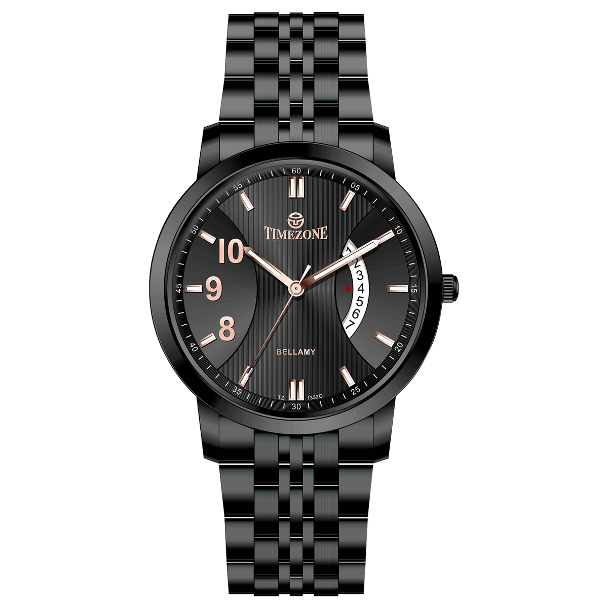 A TIMEZONE watch with a stainless steel band and a black dial featuring white hour markers and a date display. Discover timezone watches: elegant branded wrist watches for men in pakistan.