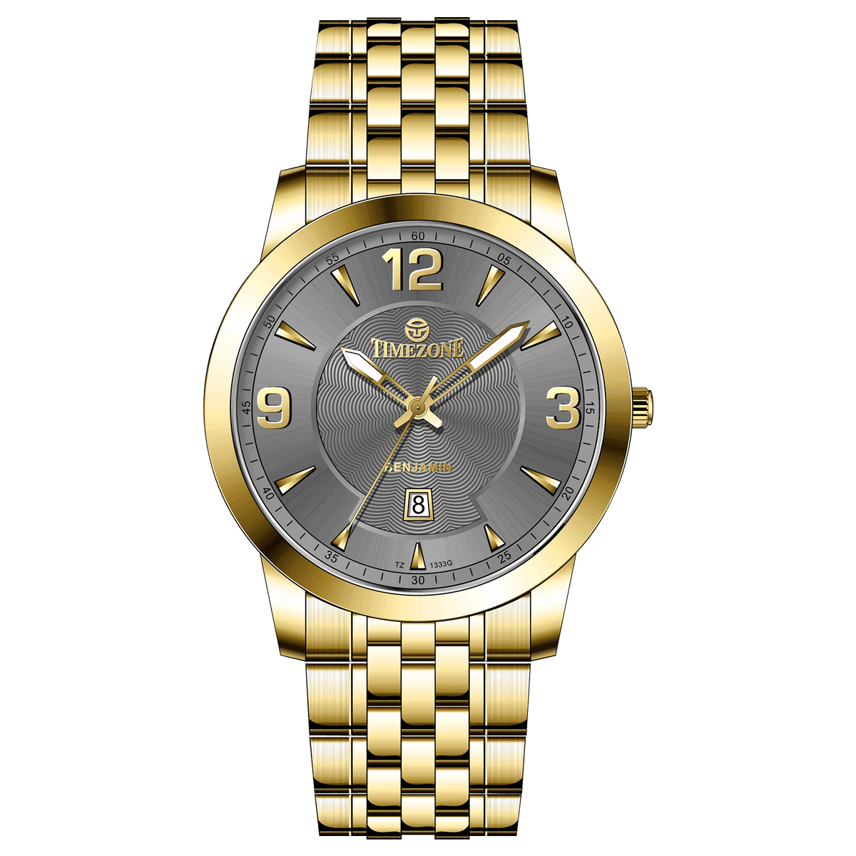 A silver-toned Timezone watch with a gold stainless steel band and casing, featuring a analog display and a date function. Discover timezone watches: elegant branded wrist watches for men in pakistan