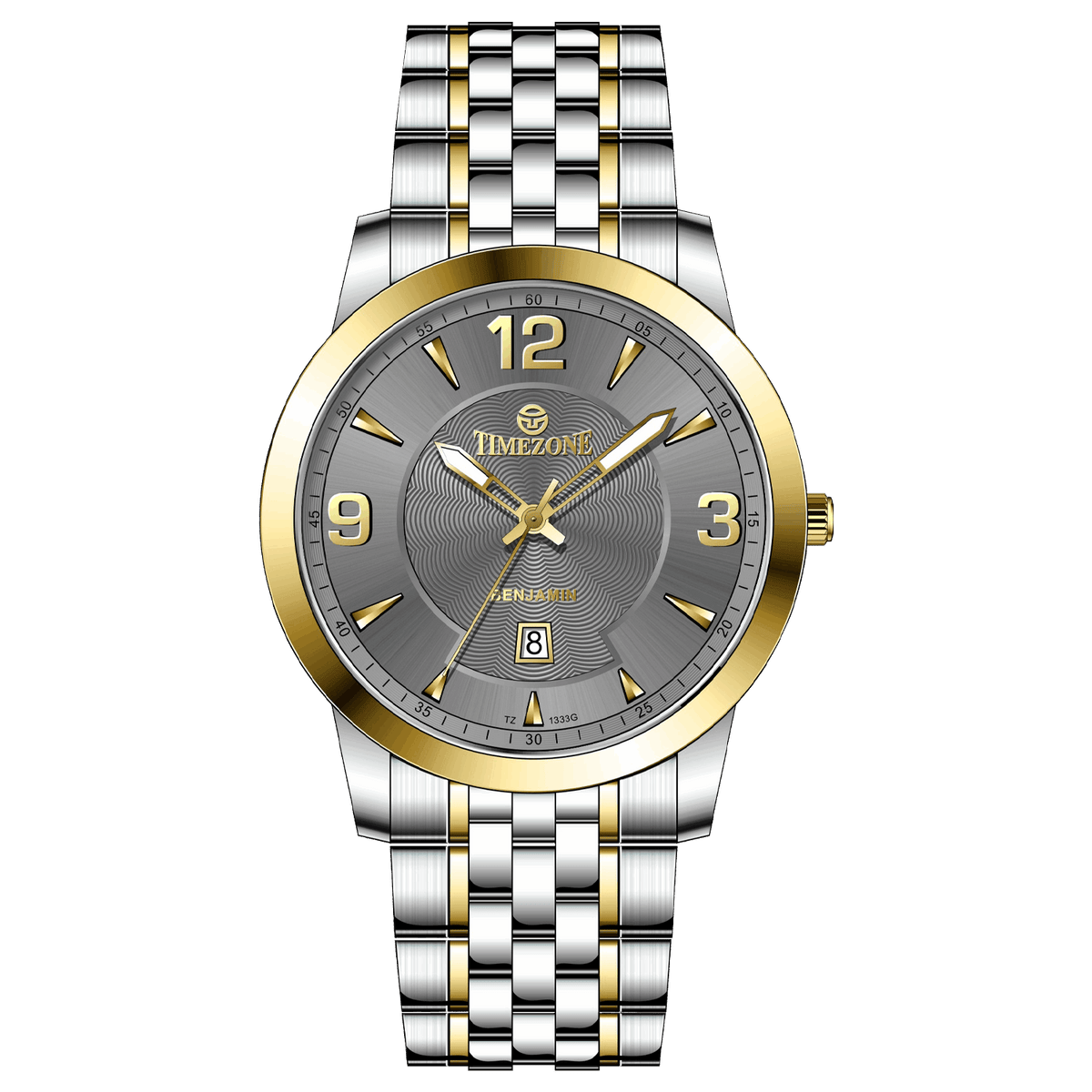 A silver stainless steel Timezone watch with a gold-tone band and dial, featuring a Japanese quartz movement and a date display.