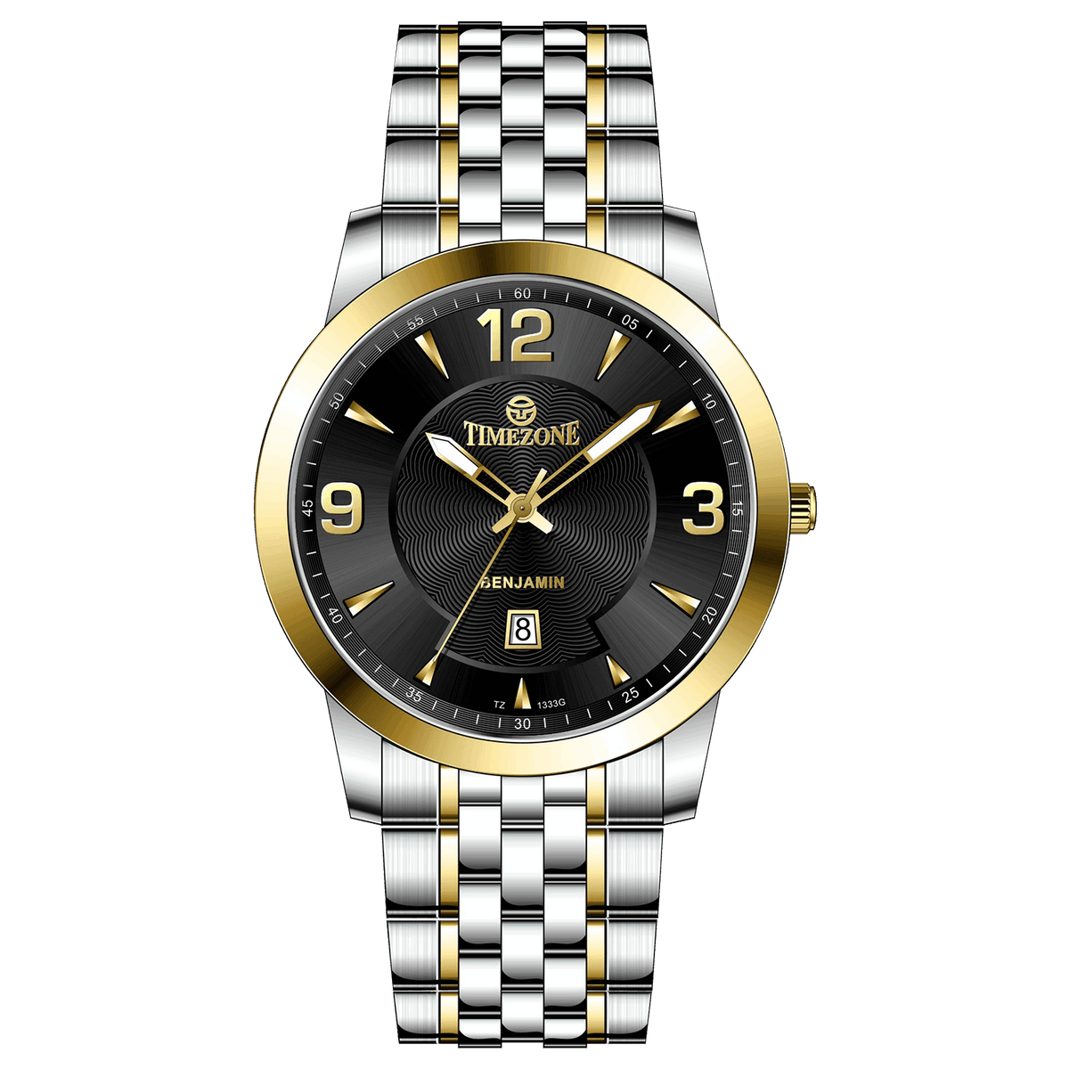A silver stainless steel Timezone watch with a gold-tone band and dial, featuring a Japanese quartz movement and a date display.