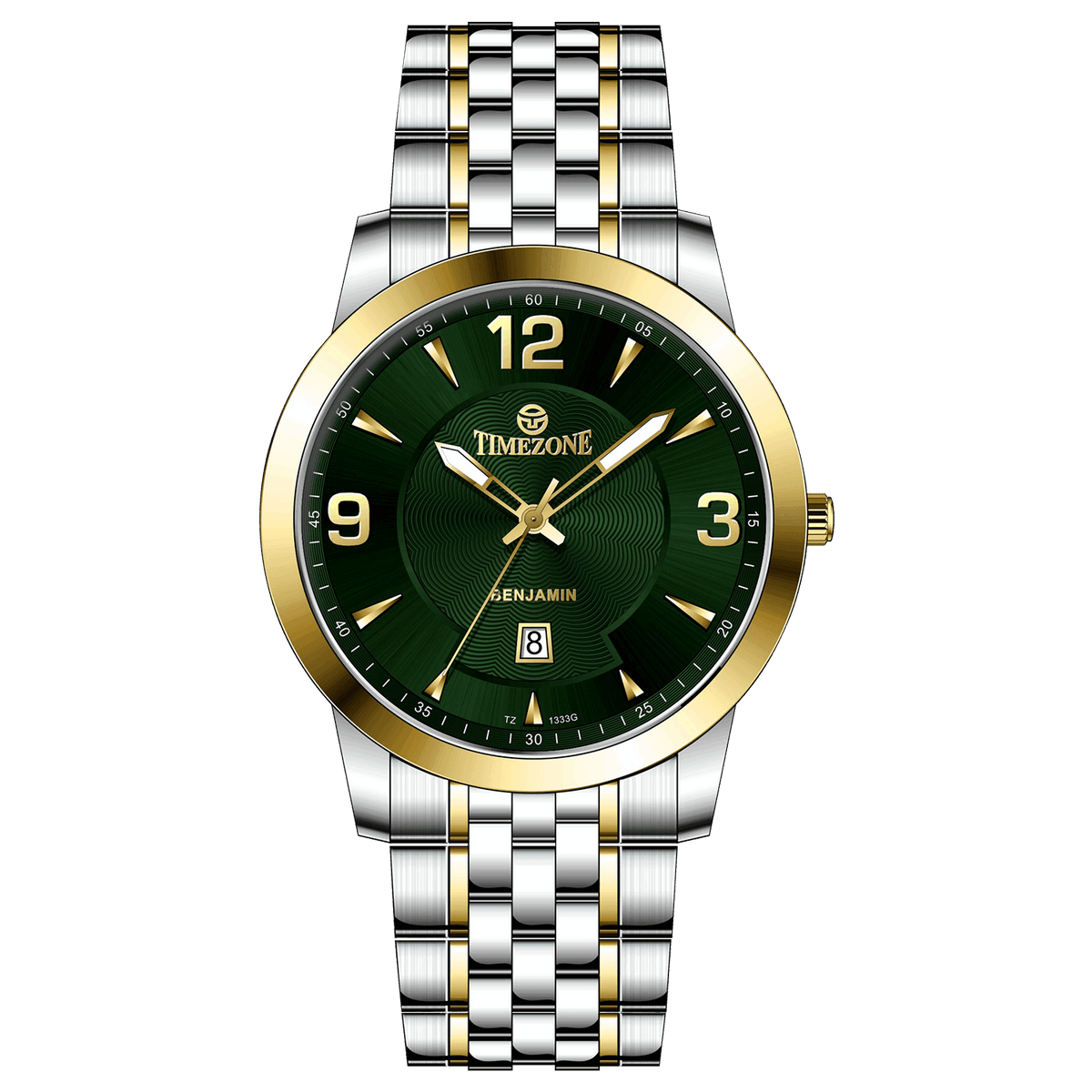 A silver stainless steel Timezone watch with a gold-tone band and dial, featuring a Japanese quartz movement and a date display. Timezone Watches – Premium Branded Wrist Watches for Men in Pakistan