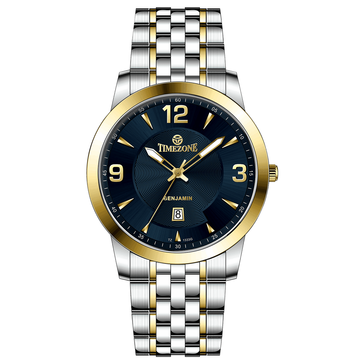 A silver stainless steel Timezone watch with a gold-tone band and dial, featuring a Japanese quartz movement and a date display. Timezone Watches – Premium Branded Wrist Watches for Men in Pakistan