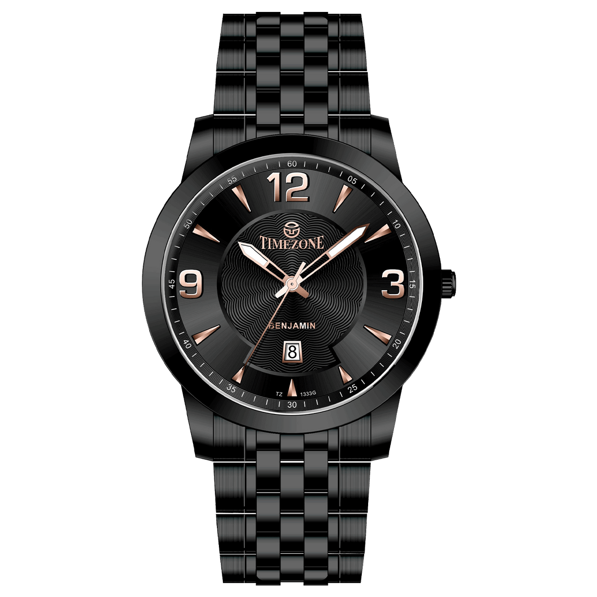 A black TIMEZONE watch with a stainless steel band and a digital display showing the time. Discover timezone watches: elegant branded wrist watches for men in pakistan