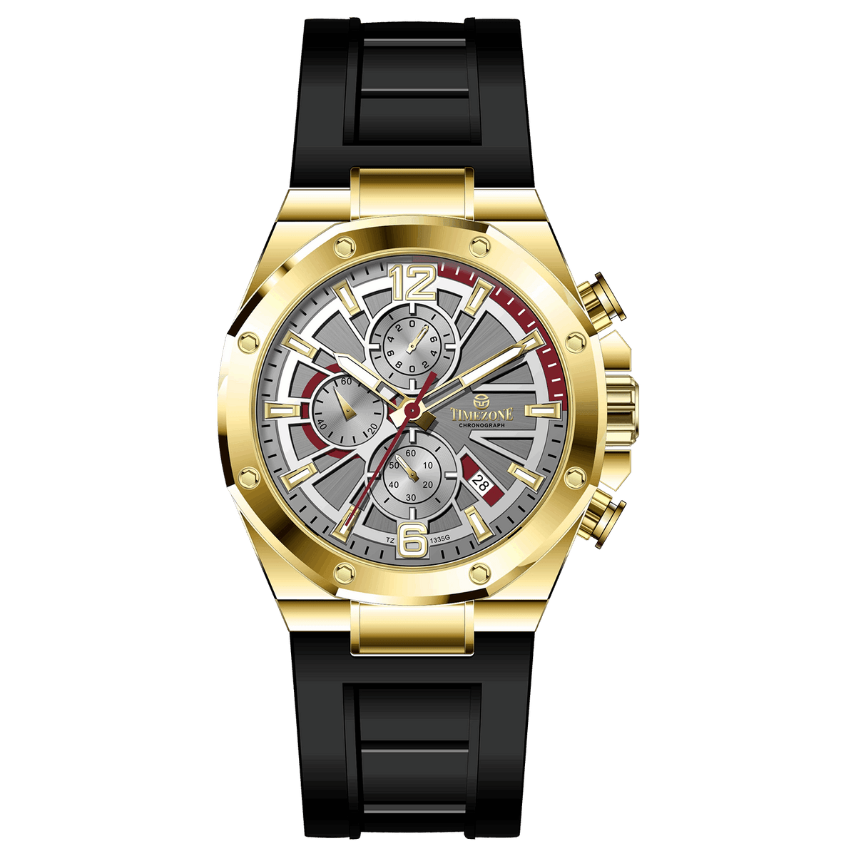 A gold-toned stainless steel watch with a black band and a chronograph dial featuring multiple sub-dials and a date display. Discover timezone watches: elegant branded wrist watches for men in pakistan