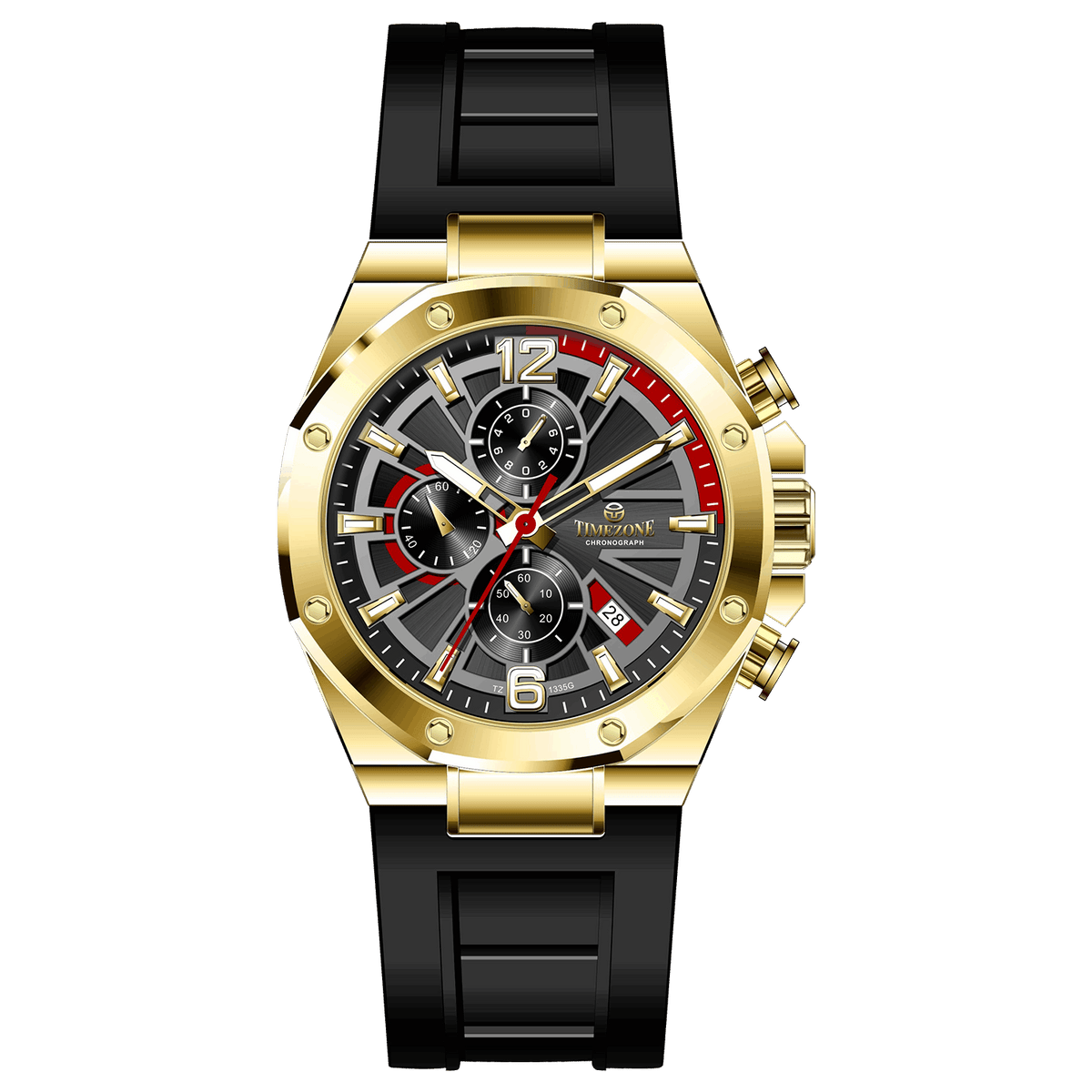 A gold-toned stainless steel watch with a black band and a chronograph dial featuring multiple sub-dials and a date display. Discover timezone watches: elegant branded wrist watches for men in pakistan