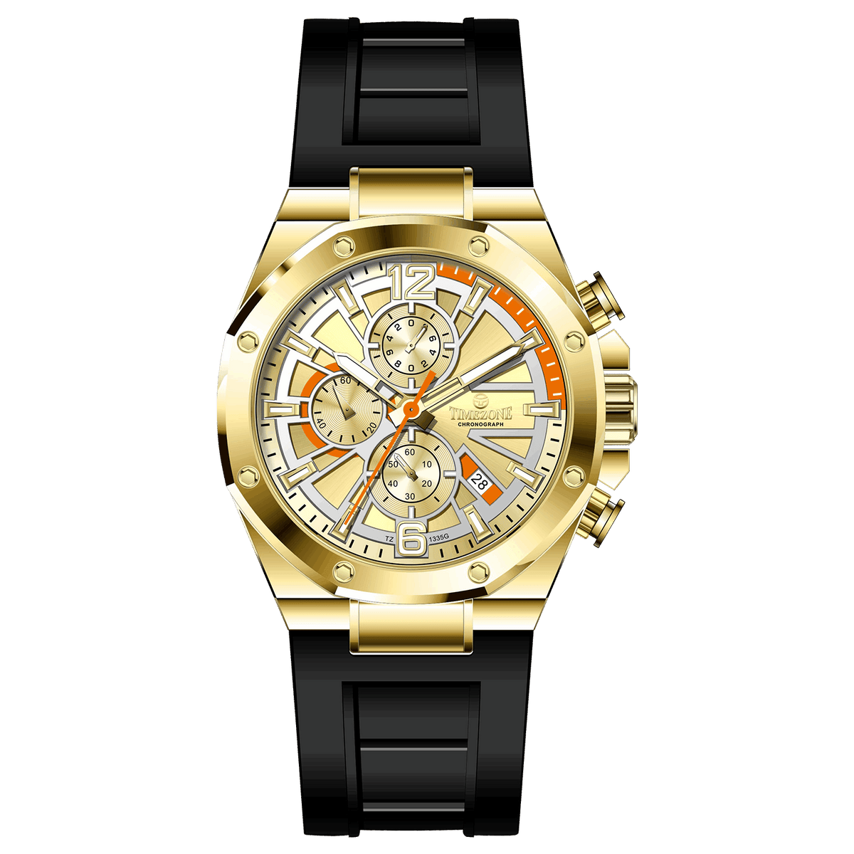A gold-toned stainless steel watch with a black band and a chronograph dial featuring multiple sub-dials and a date display.
