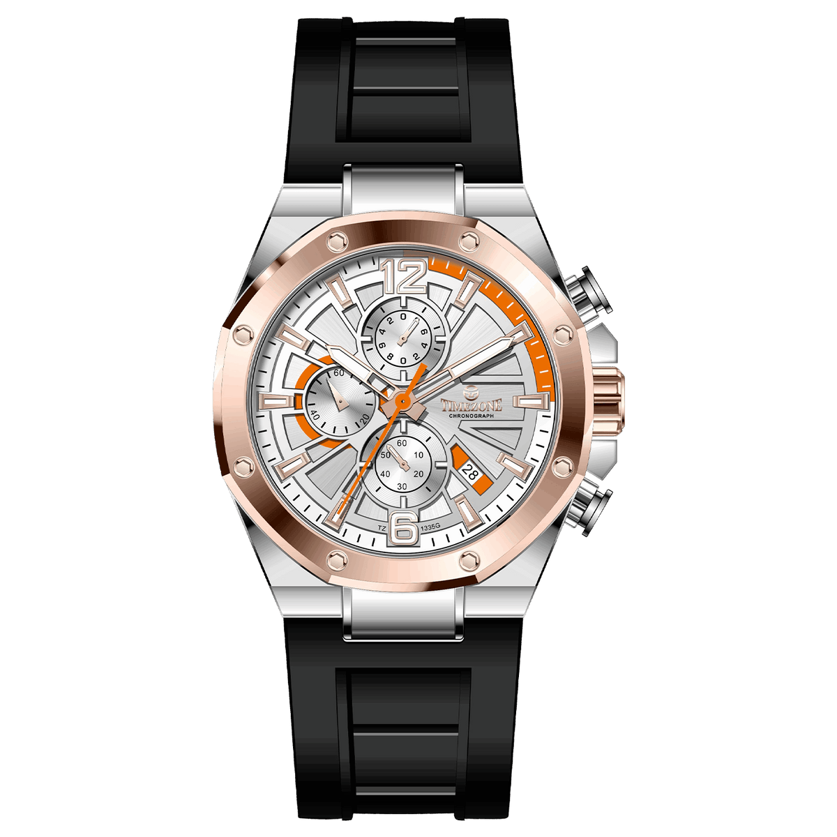 Discover timezone watches: elegant branded wrist watches for men in pakistan. A silver stainless steel watch with a black band and a rose gold case featuring a chronograph dial with multiple sub-dials and a date display.