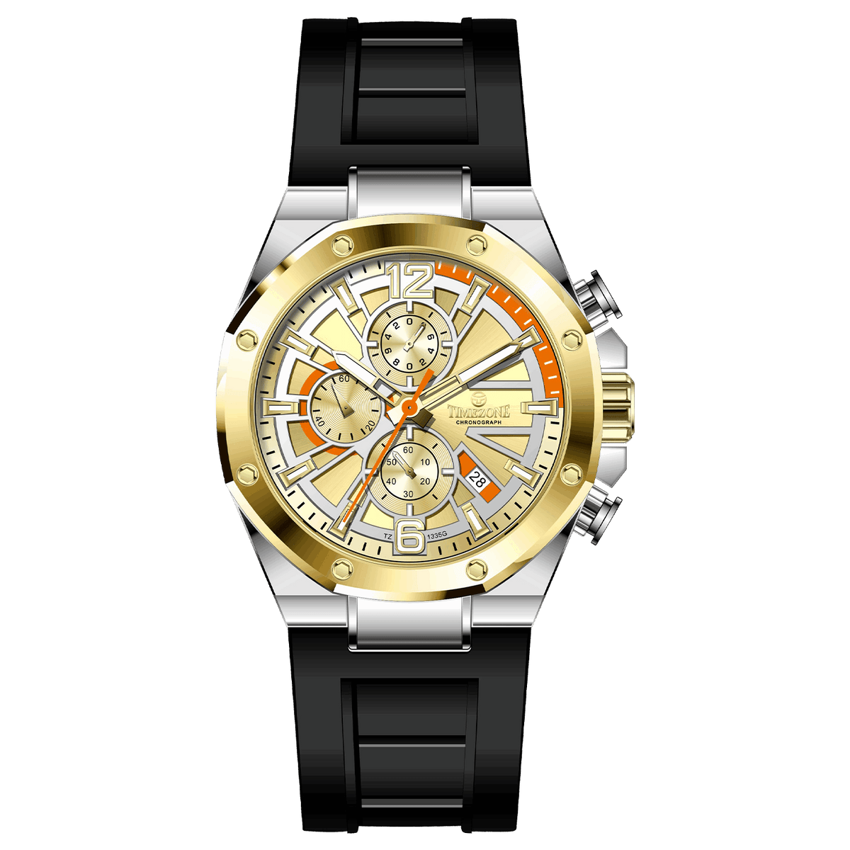 A silver and gold stainless steel watch with a black band and a analog display. Discover timezone watches: elegant branded wrist watches for men in pakistan