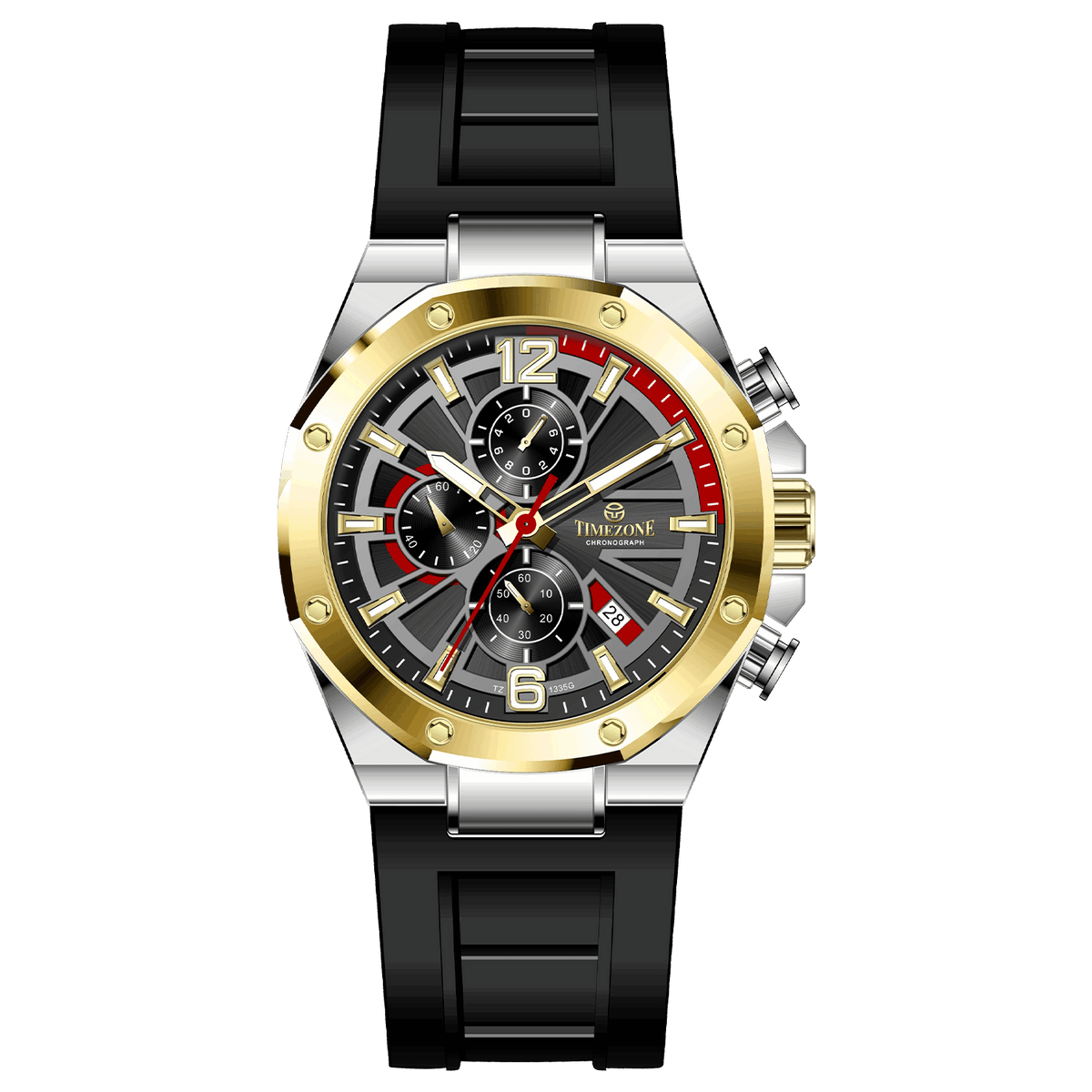 A silver and gold stainless steel watch with a black band and a analog display. Discover timezone watches: elegant branded wrist watches for men in pakistan