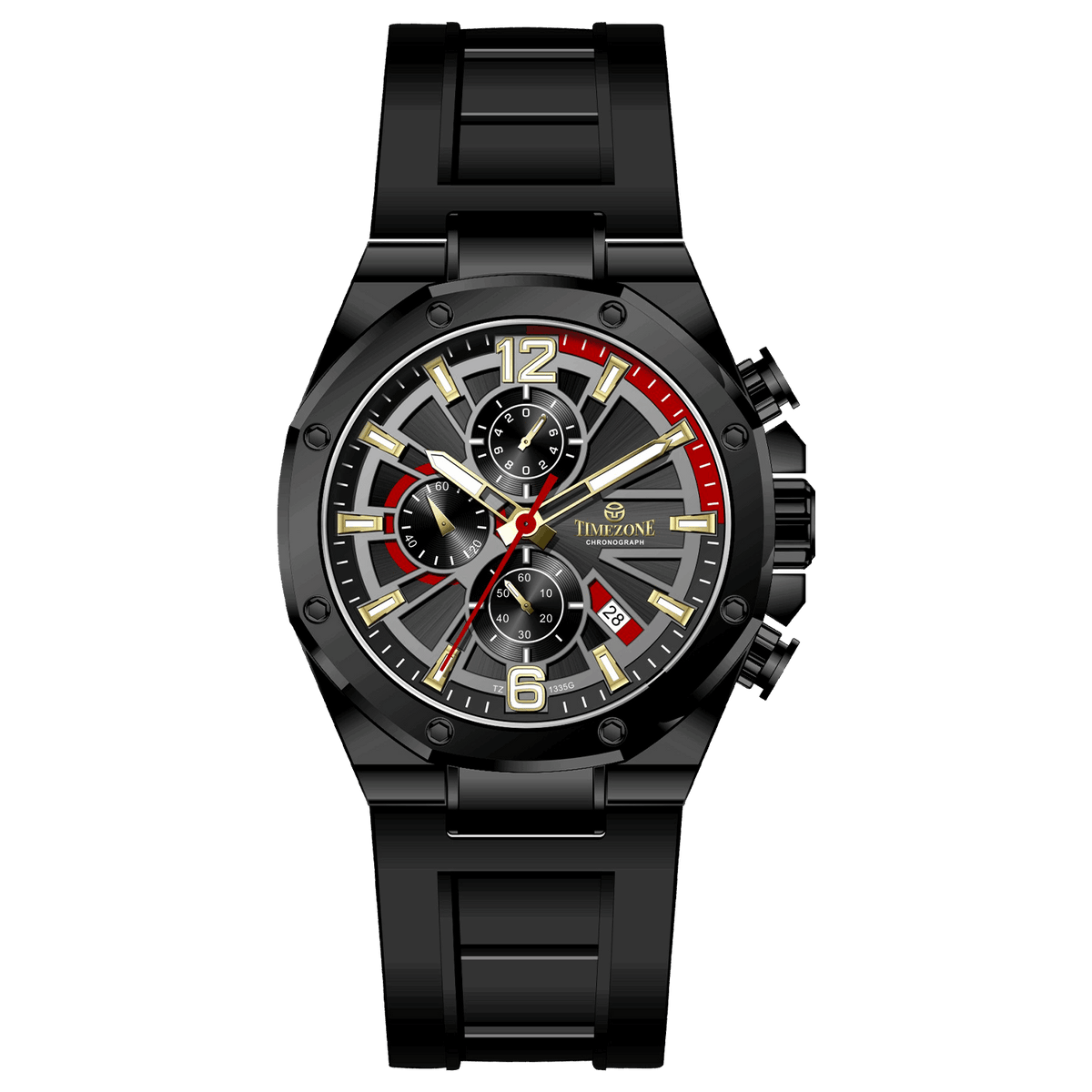 Discover timezone watches: elegant branded wrist watches for men in pakistan. A black silicone banded watch with a stainless steel case and a analog display.