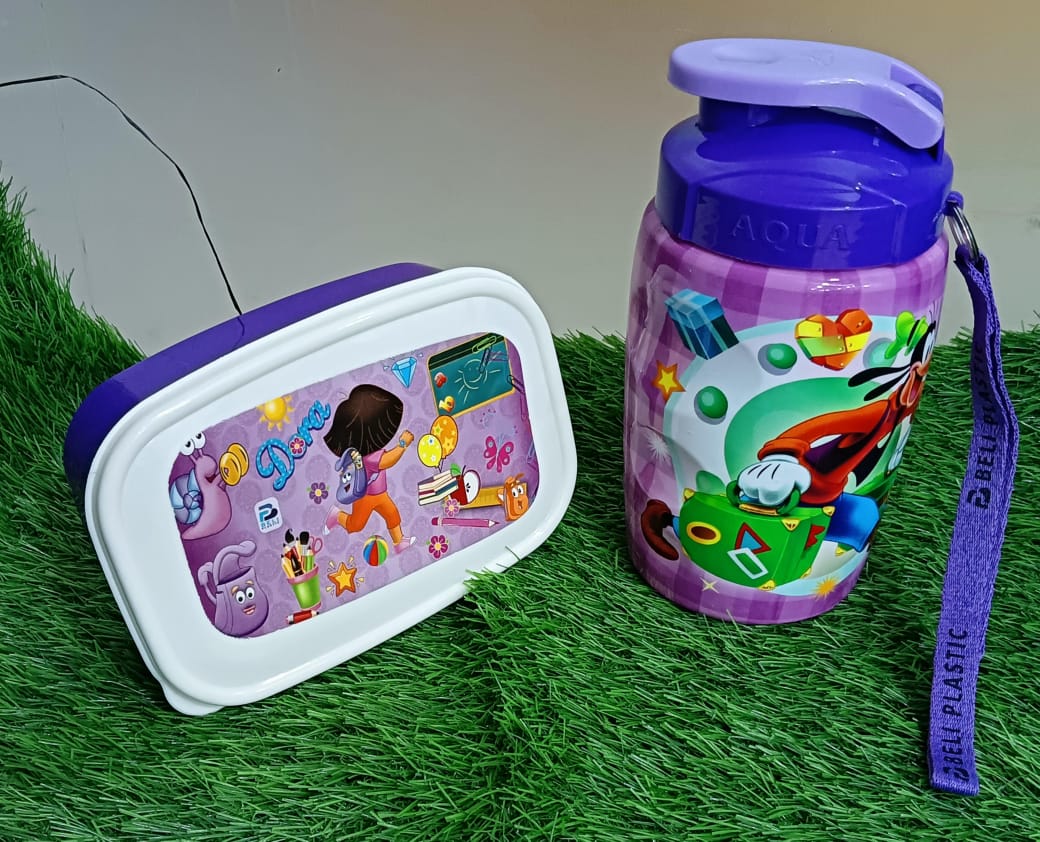 2pc Kids Cartoon Printed School Lunch Box  & Water Bottle Set