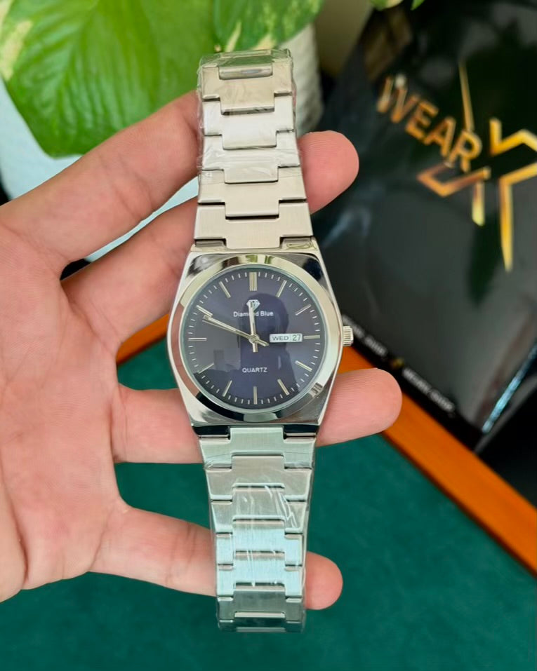 Diamond Silver with Blue | Day & Date | Waterproof Watch