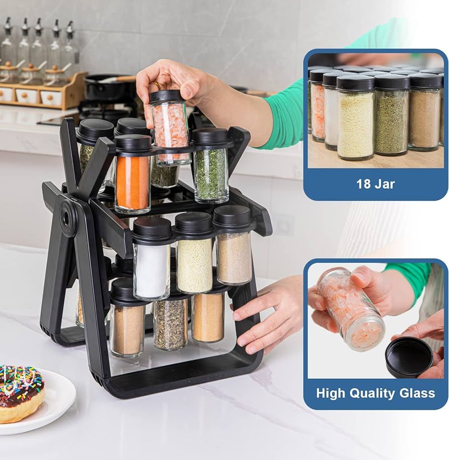 Modern Rotating Kitchen Spice Rack – 18 Clear Containers