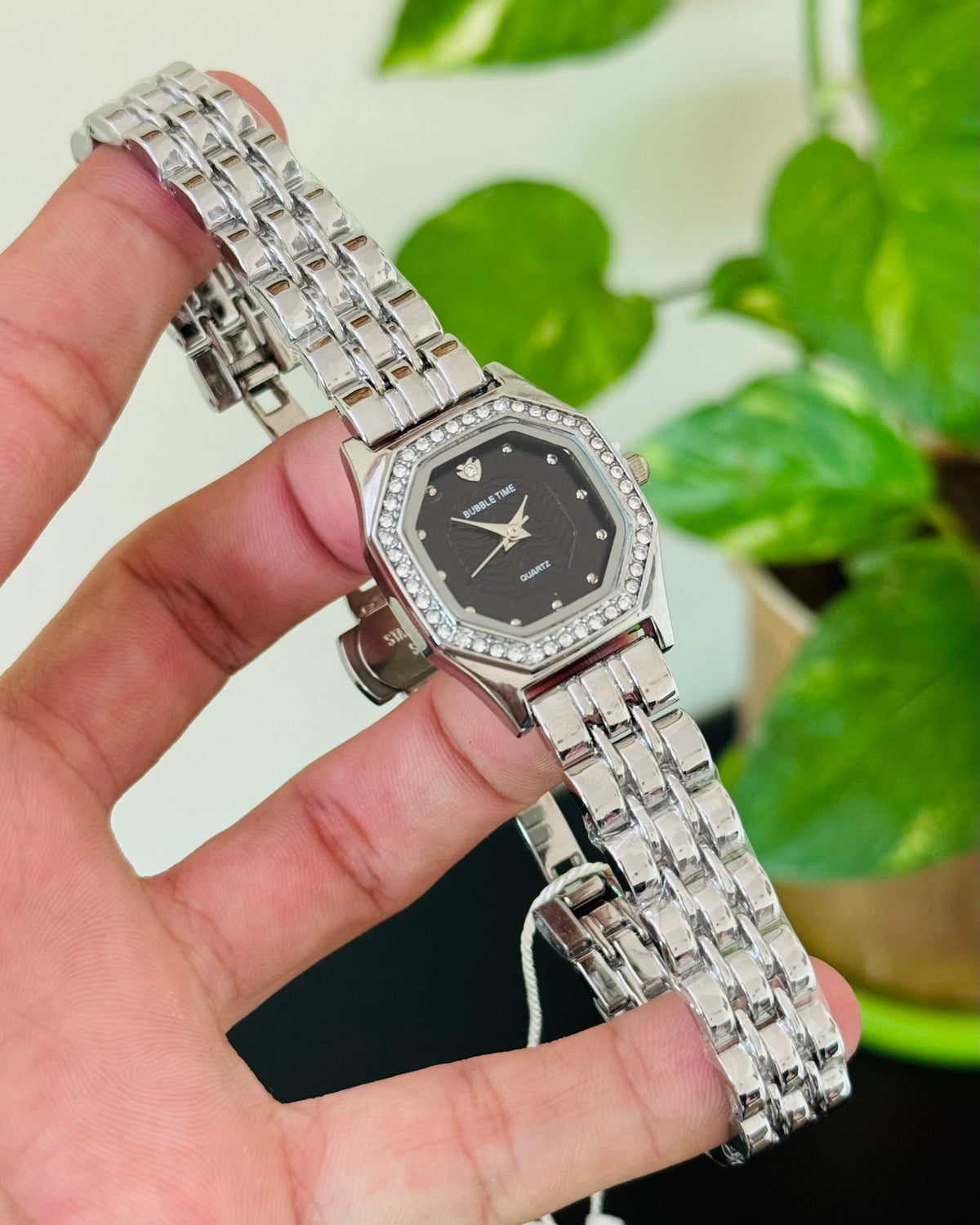 Silver Stainless Steel Green Dail Watch for her